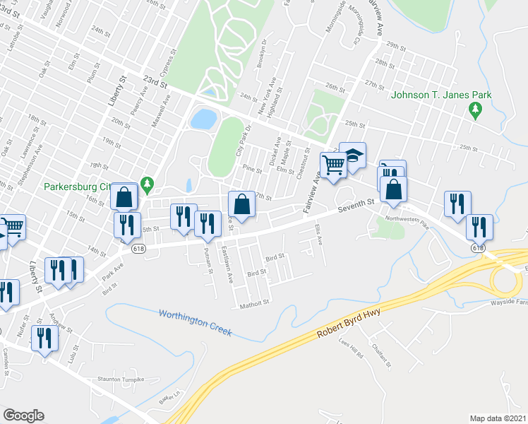 map of restaurants, bars, coffee shops, grocery stores, and more near 2226 16th Street in Parkersburg