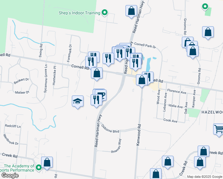 map of restaurants, bars, coffee shops, grocery stores, and more near 4675 Cornell Road in Cincinnati