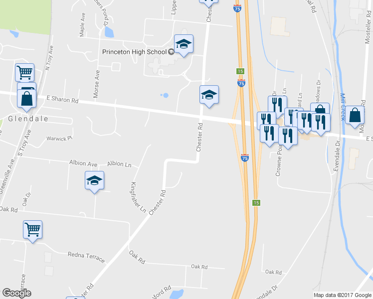 map of restaurants, bars, coffee shops, grocery stores, and more near 10877 Chester Road in Cincinnati