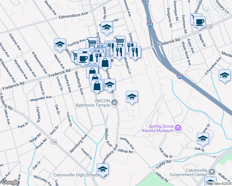 map of restaurants, bars, coffee shops, grocery stores, and more near 127 Bloomsbury Avenue in Catonsville
