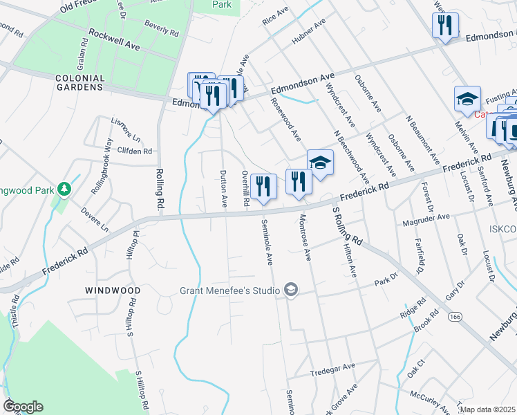 map of restaurants, bars, coffee shops, grocery stores, and more near 2 Montrose Manor Court in Catonsville