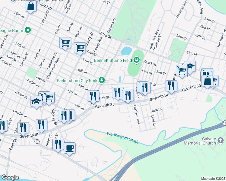 map of restaurants, bars, coffee shops, grocery stores, and more near 2027 16th Street in Parkersburg