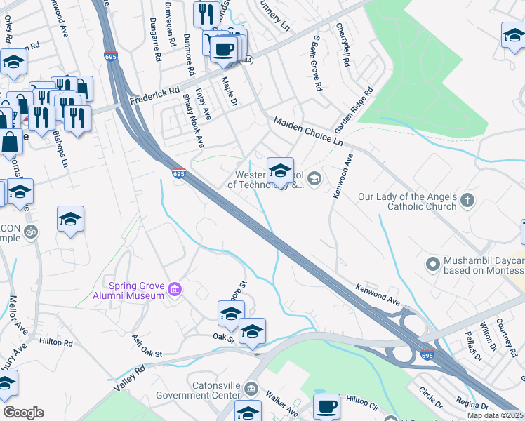 map of restaurants, bars, coffee shops, grocery stores, and more near 418 Shady Nook Avenue in Catonsville