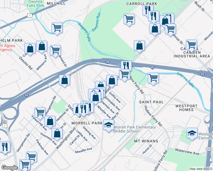 map of restaurants, bars, coffee shops, grocery stores, and more near 1820 Spence Street in Baltimore