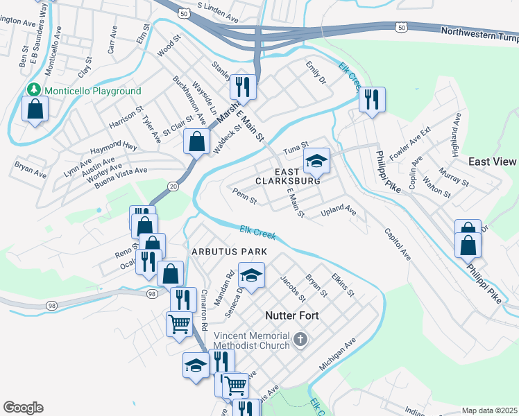 map of restaurants, bars, coffee shops, grocery stores, and more near 1237 Penn Street in Mount Clare