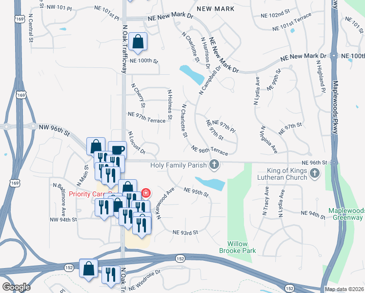 map of restaurants, bars, coffee shops, grocery stores, and more near 9614 North Charlotte Street in Kansas City
