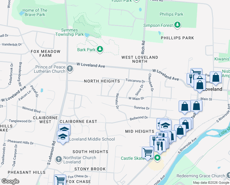 map of restaurants, bars, coffee shops, grocery stores, and more near 233 Navaho Dr in Loveland