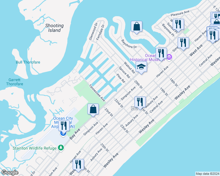 map of restaurants, bars, coffee shops, grocery stores, and more near 1 Kingston Lane in Ocean City
