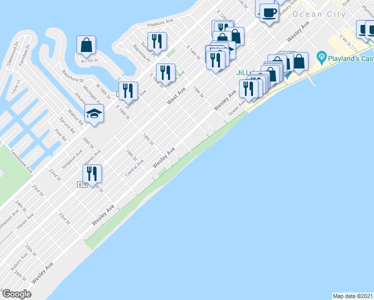 map of restaurants, bars, coffee shops, grocery stores, and more near 1700 Boardwalk in Ocean City