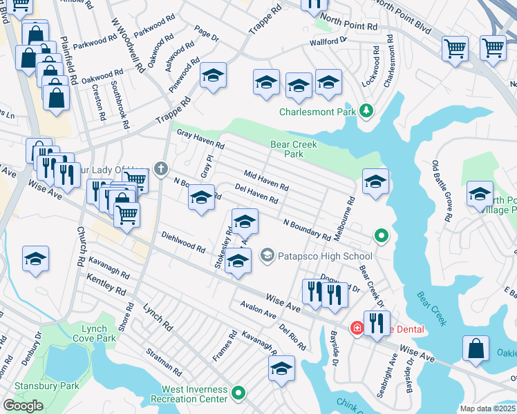 map of restaurants, bars, coffee shops, grocery stores, and more near 8110 North Boundary Road in Dundalk