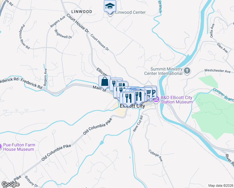 map of restaurants, bars, coffee shops, grocery stores, and more near 8390 Main Street in Ellicott City