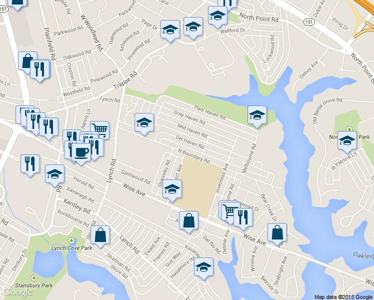 map of restaurants, bars, coffee shops, grocery stores, and more near 8110 North Boundary Road in Dundalk