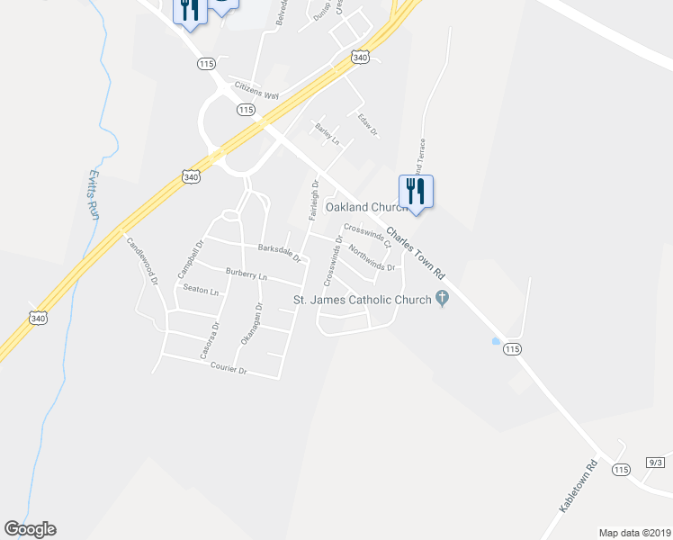 map of restaurants, bars, coffee shops, grocery stores, and more near 172 Wind shear Drive in Charles Town