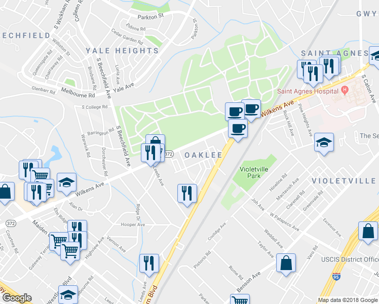 map of restaurants, bars, coffee shops, grocery stores, and more near 3917 Wilkens Ave in Baltimore