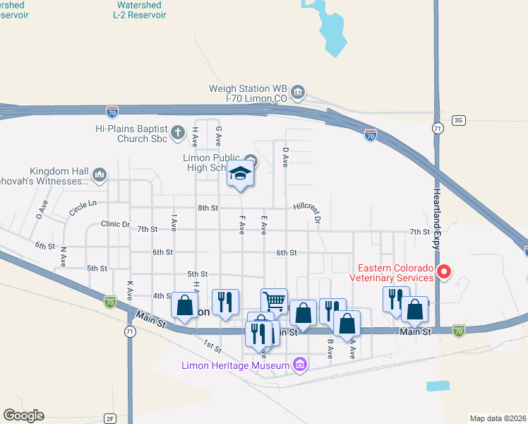 map of restaurants, bars, coffee shops, grocery stores, and more near 785 E Ave in Limon