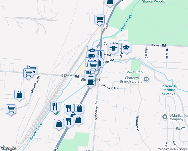 map of restaurants, bars, coffee shops, grocery stores, and more near 11004 Reading Road in Cincinnati