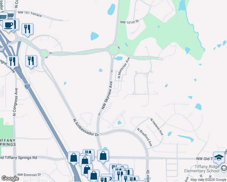 map of restaurants, bars, coffee shops, grocery stores, and more near 9700 North Montclair Avenue in Kansas City