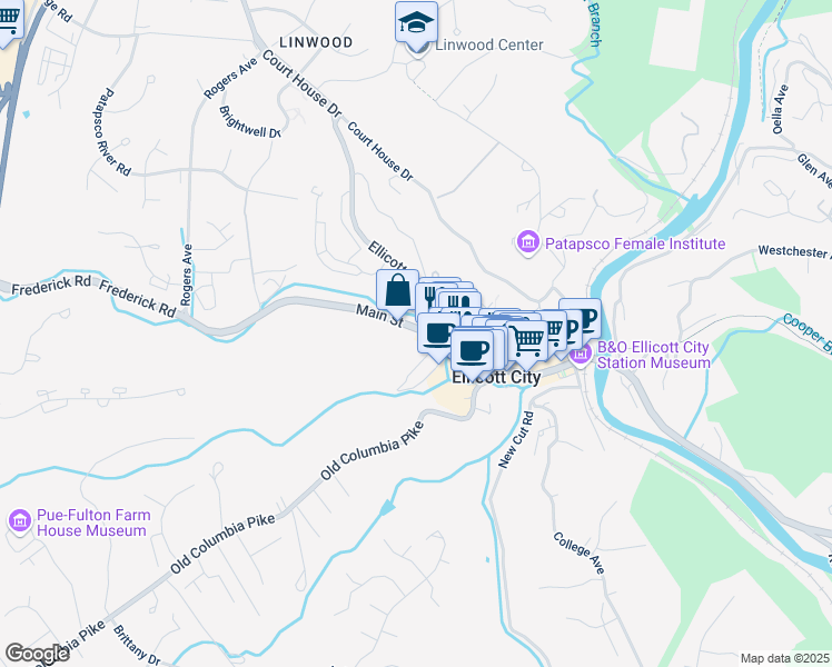 map of restaurants, bars, coffee shops, grocery stores, and more near 8411 Main St in Ellicott City