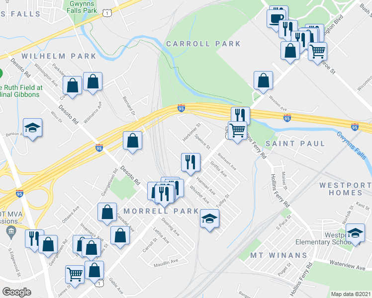 map of restaurants, bars, coffee shops, grocery stores, and more near 1710 Sexton Street in Baltimore