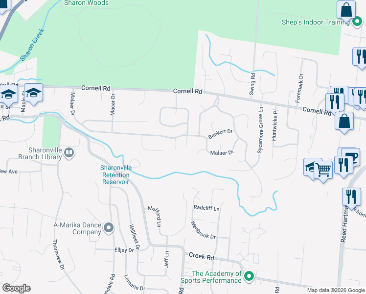 map of restaurants, bars, coffee shops, grocery stores, and more near 11055 Mulligan Street in Sharonville
