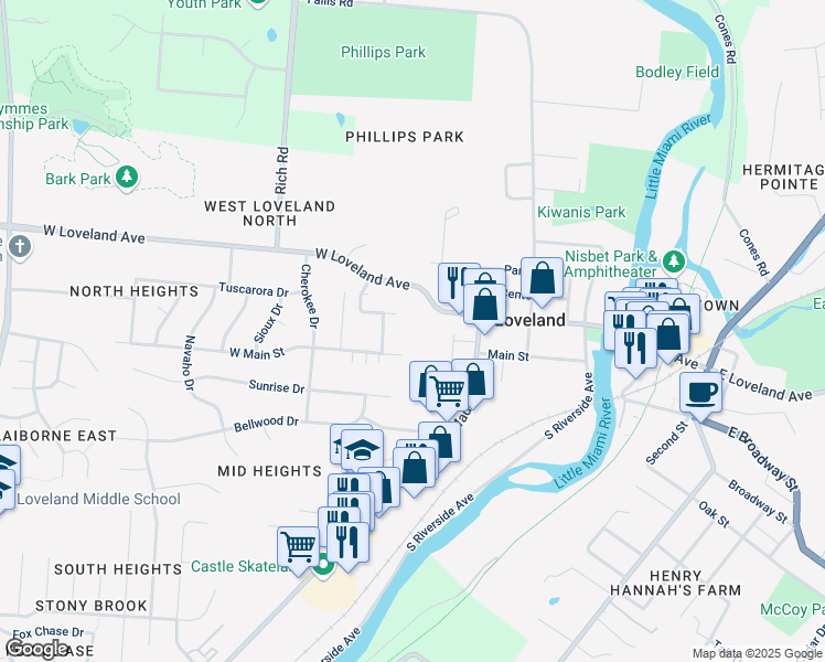 map of restaurants, bars, coffee shops, grocery stores, and more near 710 West Main Street in Loveland