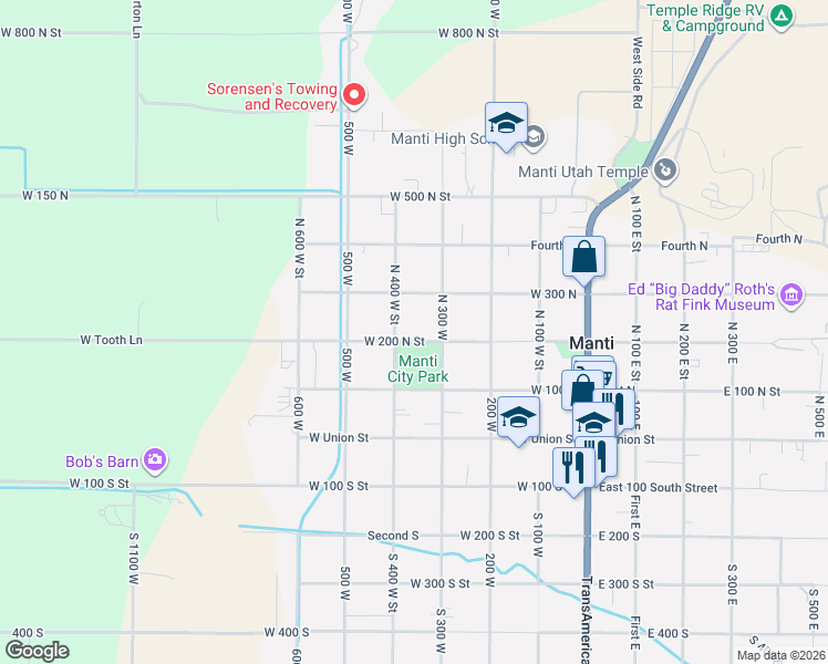 map of restaurants, bars, coffee shops, grocery stores, and more near 364 West 200 North Street in Manti