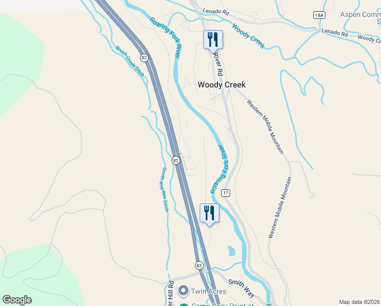 map of restaurants, bars, coffee shops, grocery stores, and more near 60 Twining Flats Road in Aspen