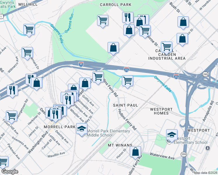 map of restaurants, bars, coffee shops, grocery stores, and more near 2002 Hollins Ferry Road in Baltimore