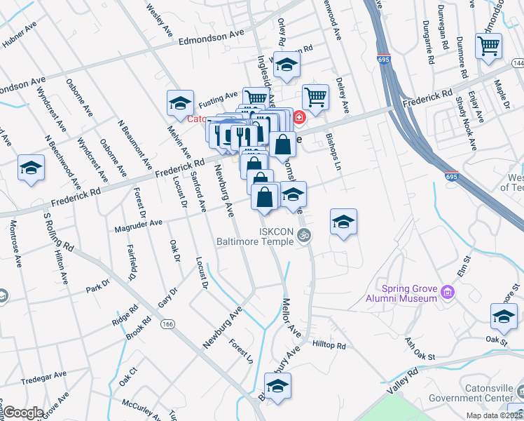 map of restaurants, bars, coffee shops, grocery stores, and more near 79 Mellor Avenue in Catonsville
