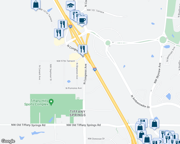 map of restaurants, bars, coffee shops, grocery stores, and more near 9650 Northwest Prairie View Road in Kansas City