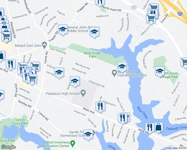 map of restaurants, bars, coffee shops, grocery stores, and more near 8158 Del Haven Road in Dundalk