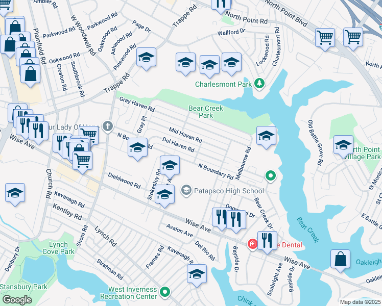 map of restaurants, bars, coffee shops, grocery stores, and more near 8131 Del Haven Road in Dundalk