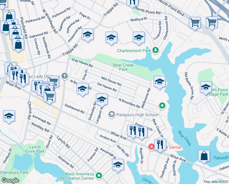 map of restaurants, bars, coffee shops, grocery stores, and more near 8131 Del Haven Road in Dundalk