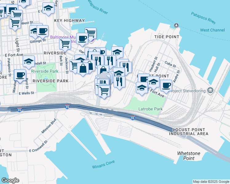map of restaurants, bars, coffee shops, grocery stores, and more near 1401 Porter Street in Baltimore