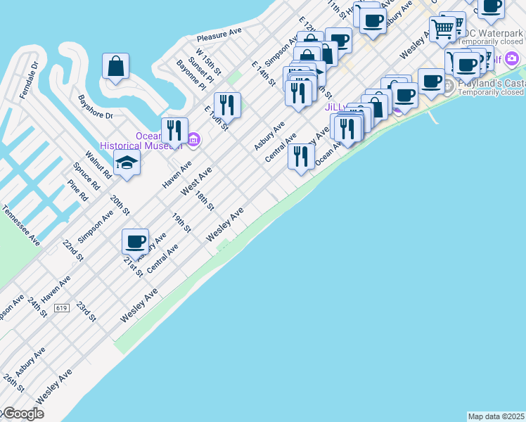 map of restaurants, bars, coffee shops, grocery stores, and more near 1700 Boardwalk in Ocean City