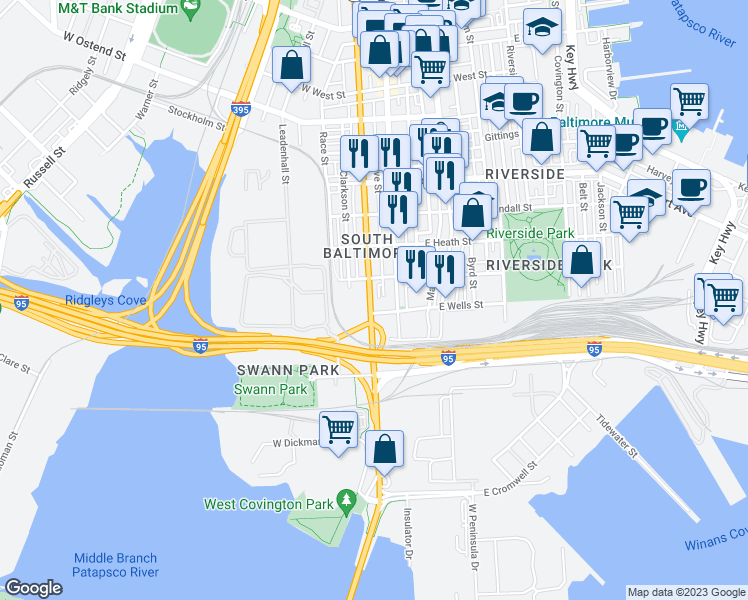 map of restaurants, bars, coffee shops, grocery stores, and more near 1839 South Hanover Street in Baltimore