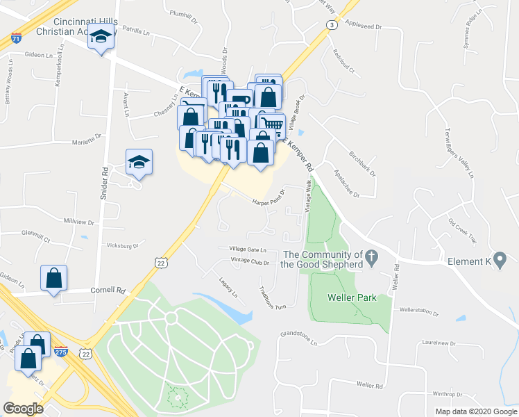 map of restaurants, bars, coffee shops, grocery stores, and more near 8863 Harper Point Drive in Cincinnati
