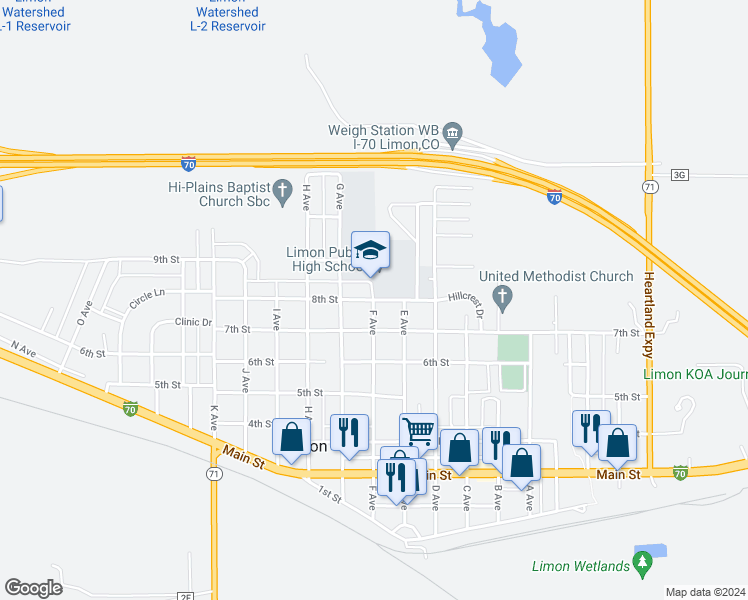 map of restaurants, bars, coffee shops, grocery stores, and more near 874 F Avenue in Limon