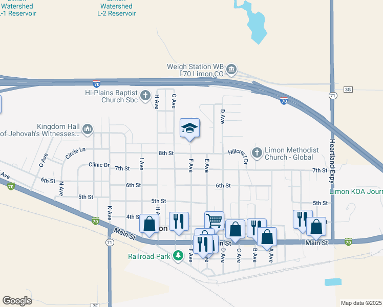 map of restaurants, bars, coffee shops, grocery stores, and more near 874 F Avenue in Limon