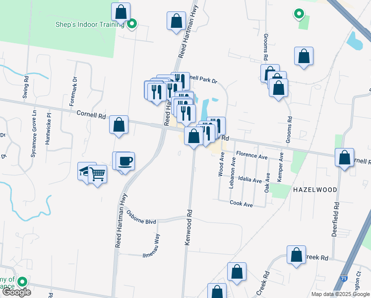 map of restaurants, bars, coffee shops, grocery stores, and more near 11155 Kenwood Road in Blue Ash