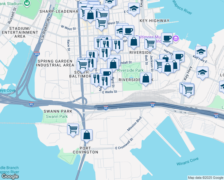 map of restaurants, bars, coffee shops, grocery stores, and more near 1830 Byrd Street in Baltimore