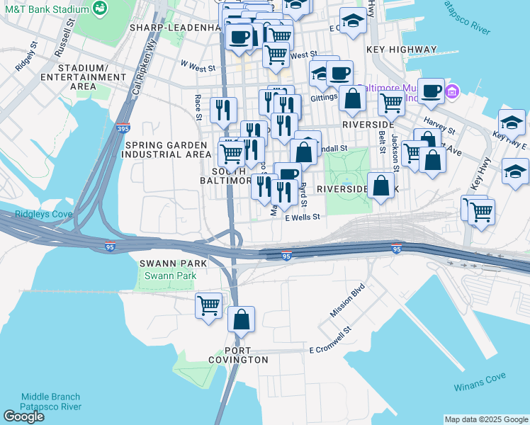 map of restaurants, bars, coffee shops, grocery stores, and more near 2 East Wells Street in Baltimore