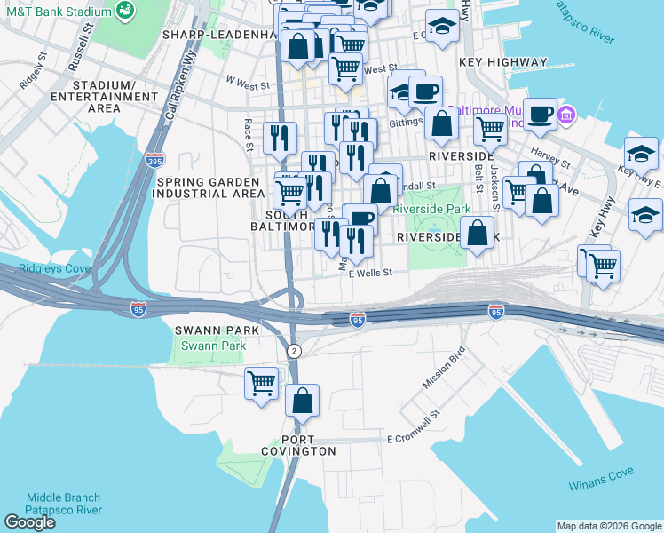 map of restaurants, bars, coffee shops, grocery stores, and more near 2 East Wells Street in Baltimore