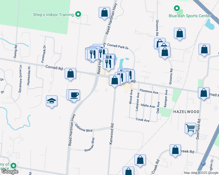 map of restaurants, bars, coffee shops, grocery stores, and more near 11145 Kenwood Road in Blue Ash