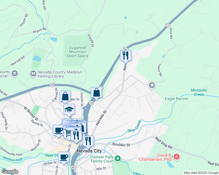 map of restaurants, bars, coffee shops, grocery stores, and more near 547 Uren Street in Nevada City