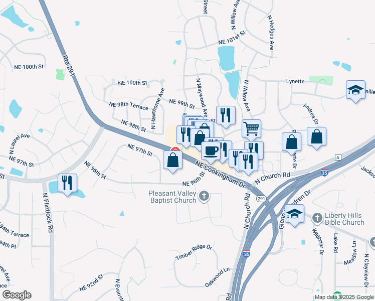 map of restaurants, bars, coffee shops, grocery stores, and more near 10101 NE Cookingham Dr in Kansas City