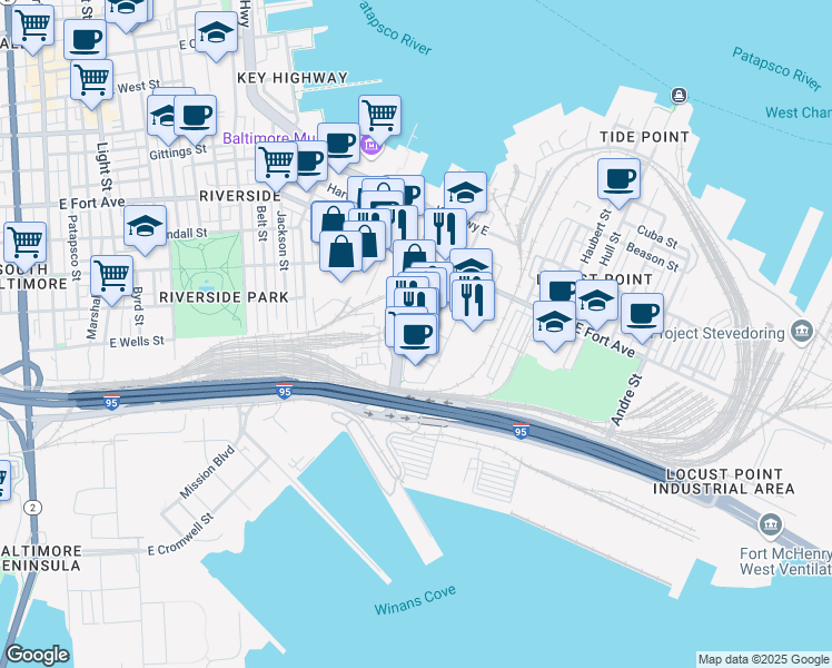 map of restaurants, bars, coffee shops, grocery stores, and more near 1641 Whetstone Way in Baltimore