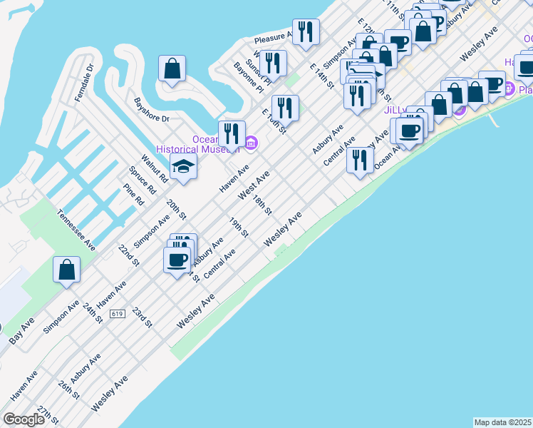 map of restaurants, bars, coffee shops, grocery stores, and more near 1811 Central Avenue in Ocean City