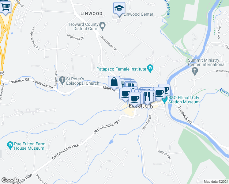 map of restaurants, bars, coffee shops, grocery stores, and more near 8435 Frederick Road in Ellicott City