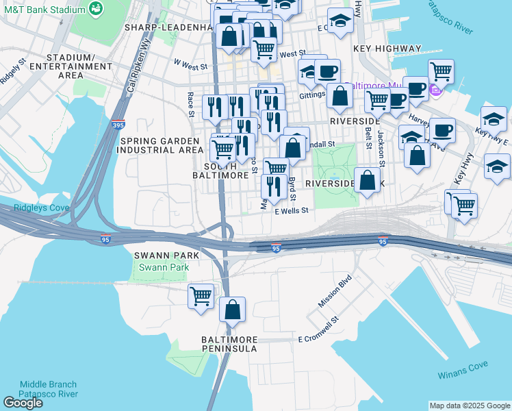 map of restaurants, bars, coffee shops, grocery stores, and more near 2 East Wells Street in Baltimore